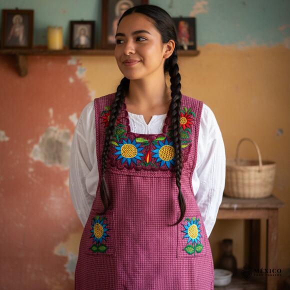 Reds Mexican Embroidered Apron – Basic Handmade Apron with Floral Design - Picture 5 of 9